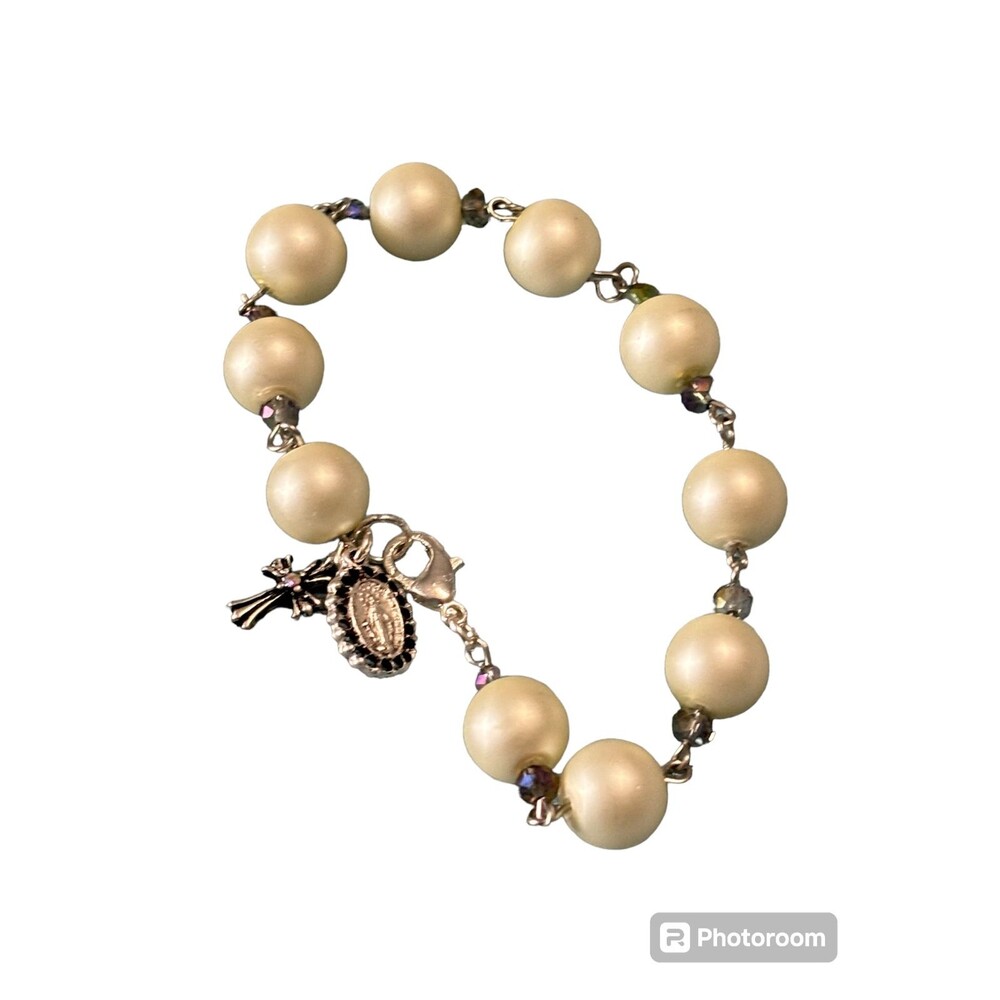 Catholic Bridal Bracelet Frosted Ivory Iridescent Mary